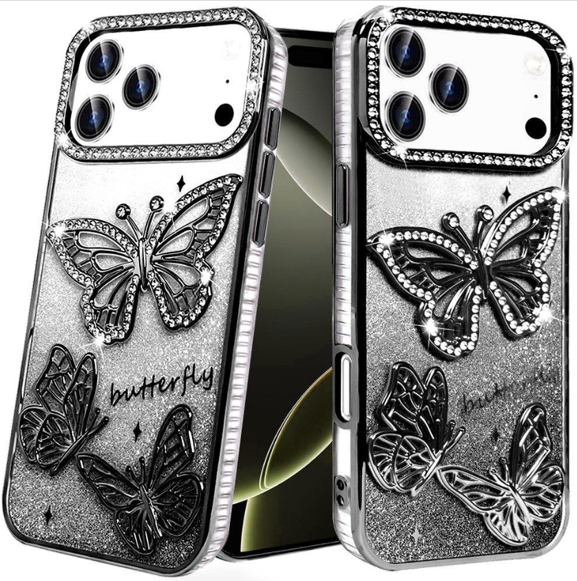 Butterfly Freedom Shimmer Glitter Thick TPU Case Cover - Black
