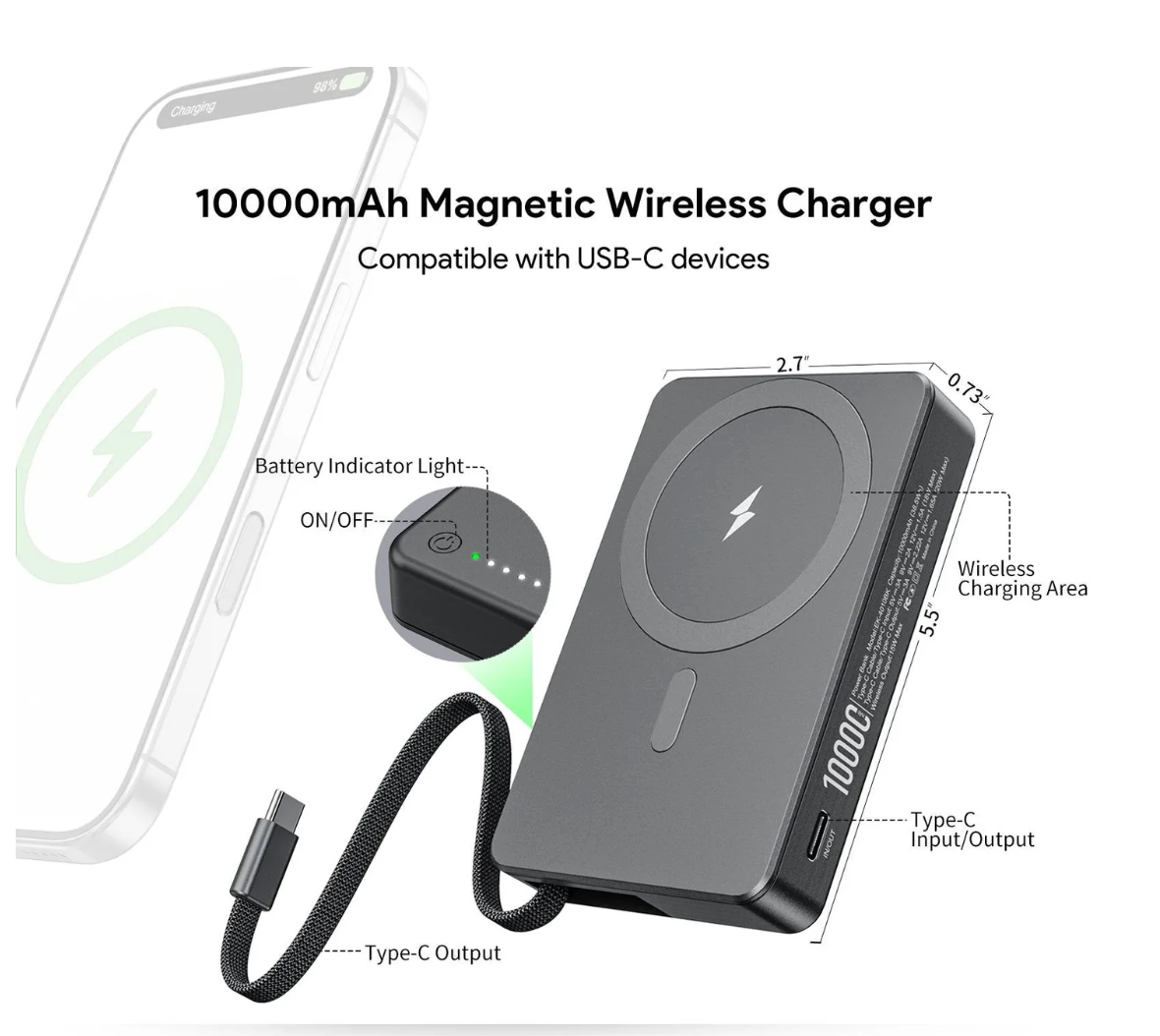 Esoulk 10,000mAh Magnetic Wireless Charger with Built-in Type-C Cable