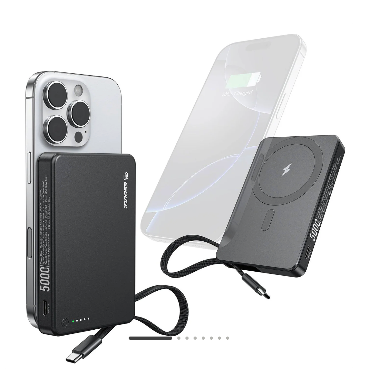 Esoulk 5000mAh Magnetic Wireless Charger with Built-in Type-C Cable