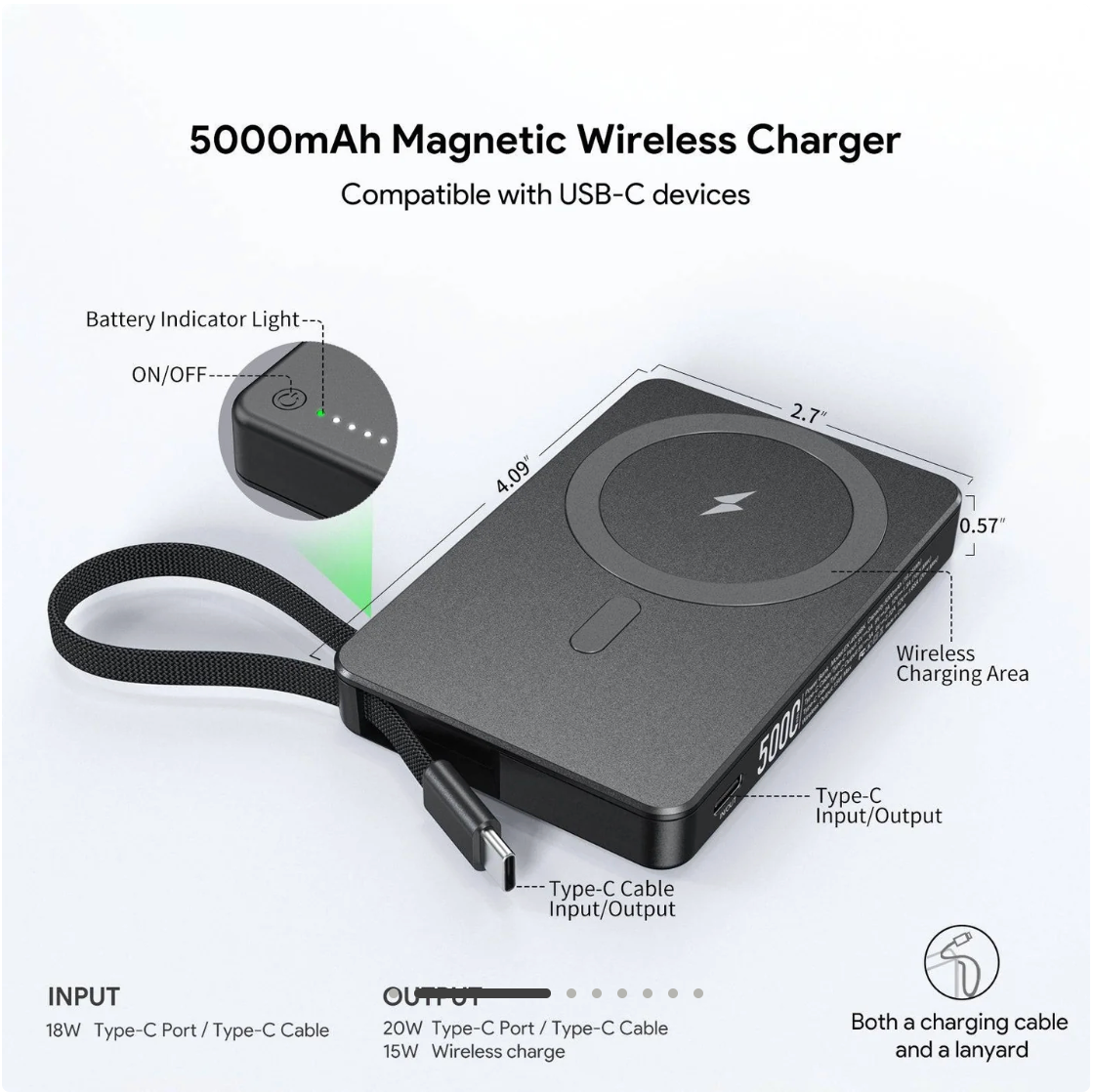Esoulk 5000mAh Magnetic Wireless Charger with Built-in Type-C Cable