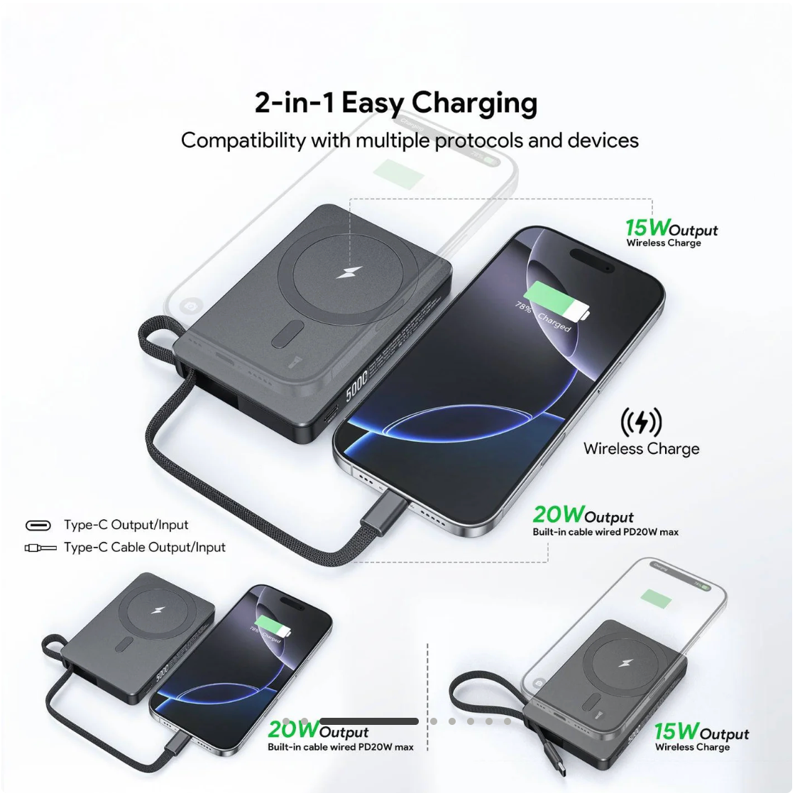 Esoulk 5000mAh Magnetic Wireless Charger with Built-in Type-C Cable