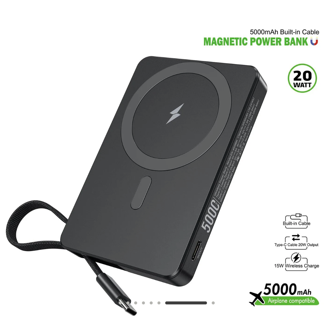 Esoulk 5000mAh Magnetic Wireless Charger with Built-in Type-C Cable