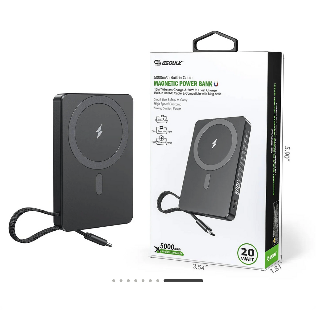 Esoulk 5000mAh Magnetic Wireless Charger with Built-in Type-C Cable