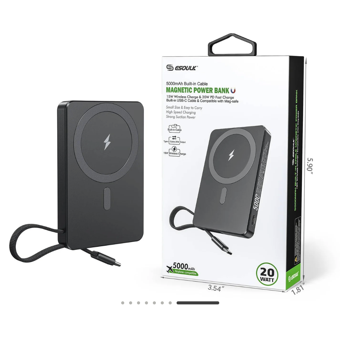 Esoulk 5000mAh Magnetic Wireless Charger with Built-in Type-C Cable