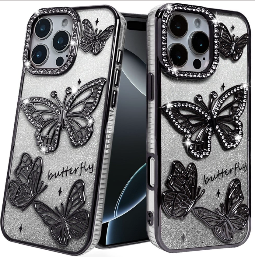 Butterfly Freedom Shimmer Glitter Thick TPU Case Cover - Black