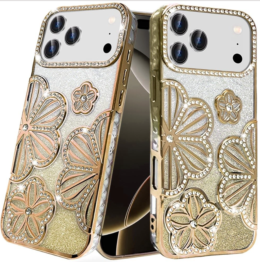 Shimmer Glitter Floral Design Thick TPU Case Cover - Gold