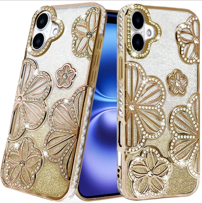 Shimmer Glitter Floral Design Thick TPU Case Cover - Gold