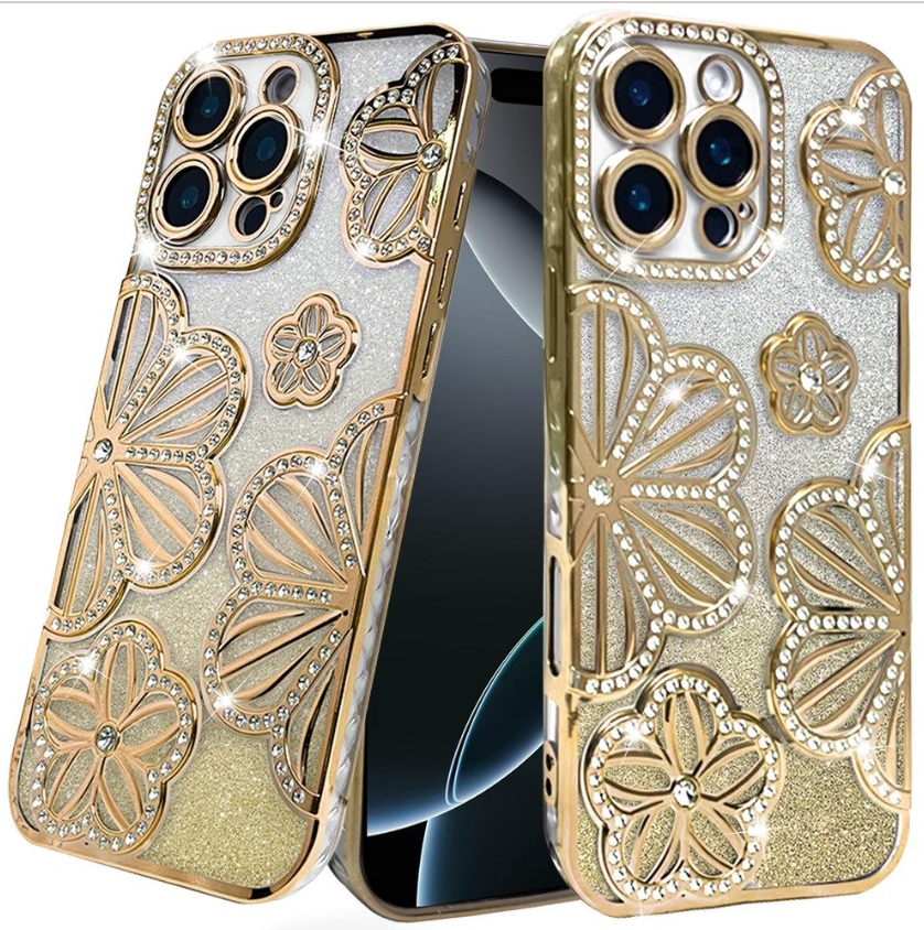 Shimmer Glitter Floral Design Thick TPU Case Cover - Gold