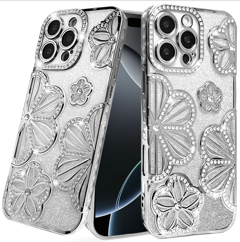 Floral Freedom Shimmer Glitter Thick TPU Case Cover - Silver