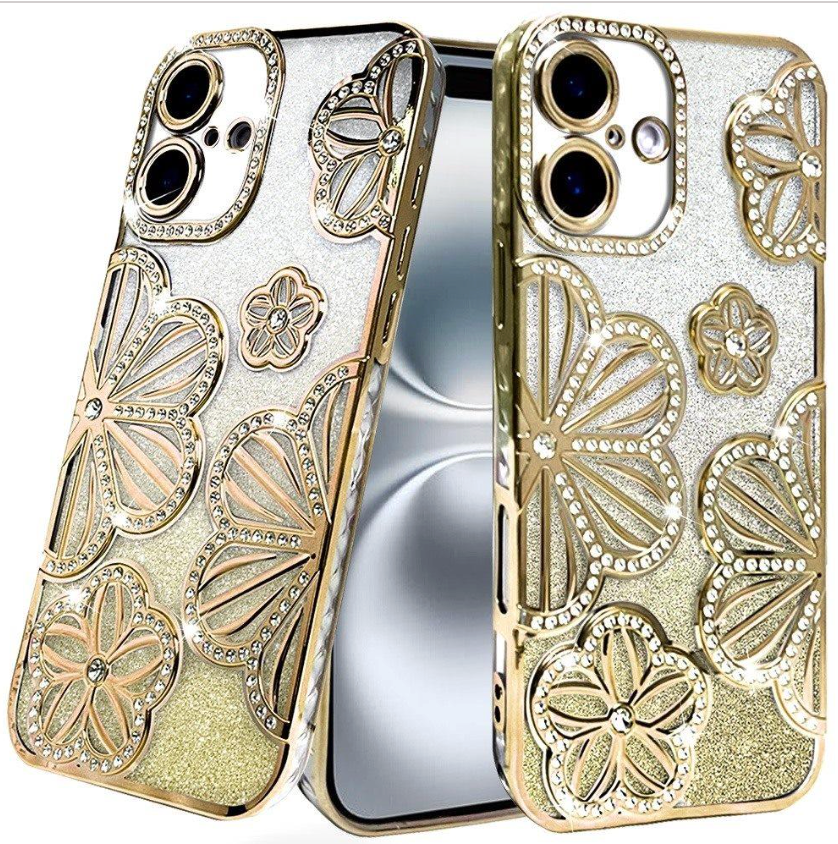 Shimmer Glitter Floral Design Thick TPU Case Cover - Gold