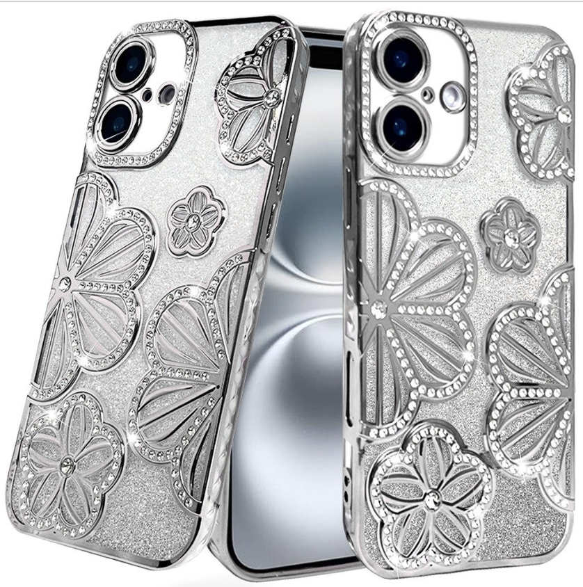 Floral Freedom Shimmer Glitter Thick TPU Case Cover - Silver