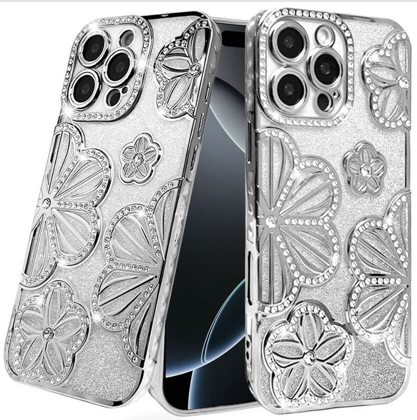 Floral Freedom Shimmer Glitter Thick TPU Case Cover - Silver