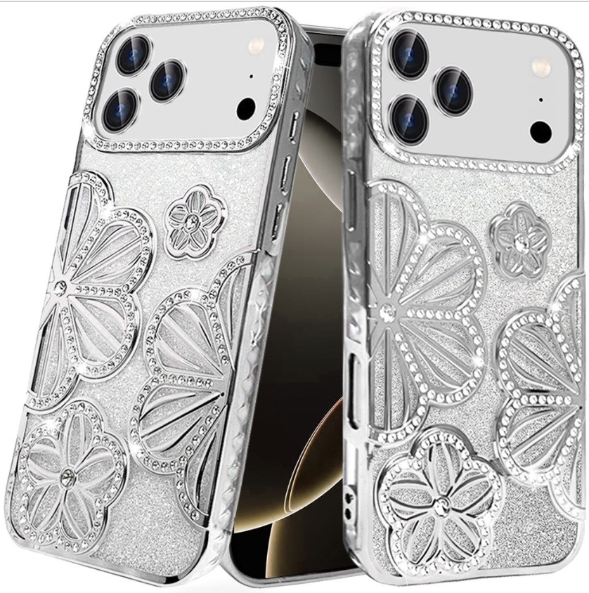 Floral Freedom Shimmer Glitter Thick TPU Case Cover - Silver