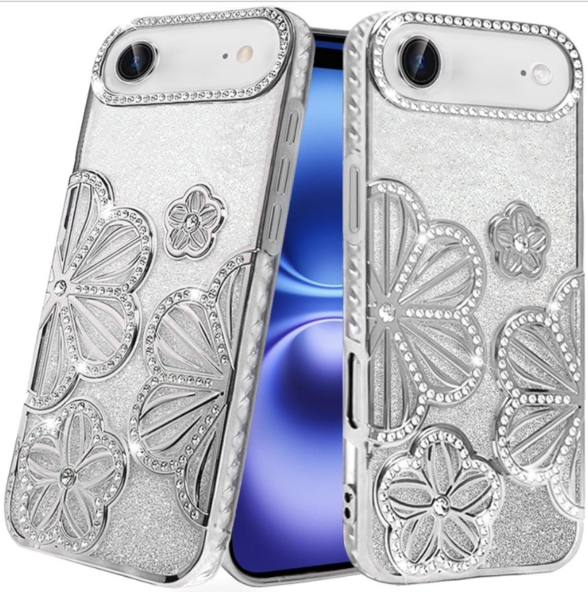 Floral Freedom Shimmer Glitter Thick TPU Case Cover - Silver