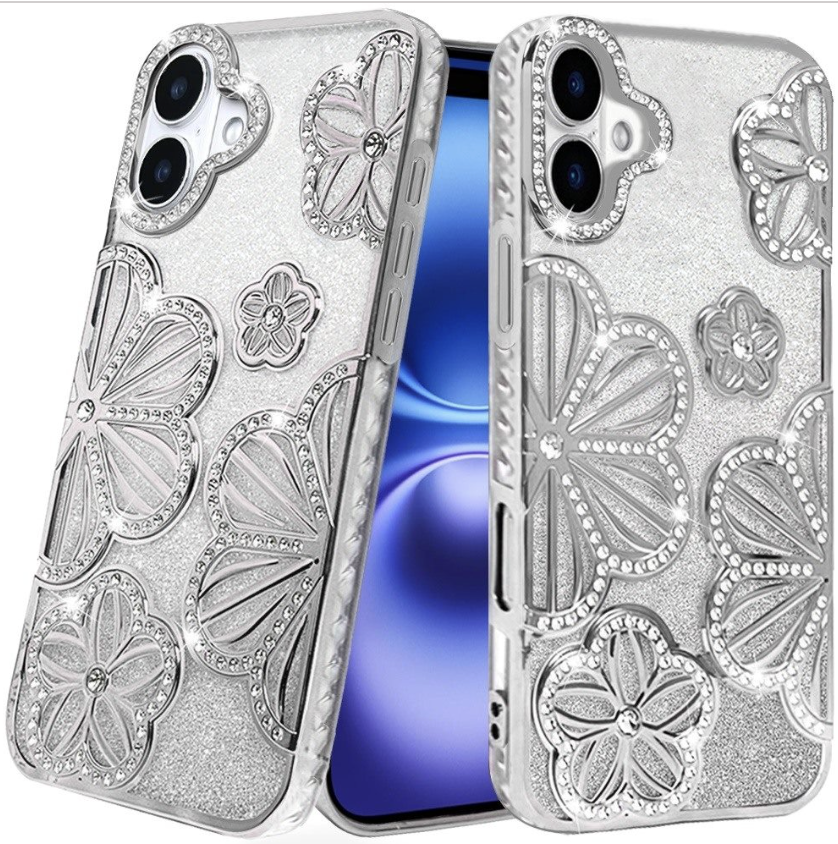 Floral Freedom Shimmer Glitter Thick TPU Case Cover - Silver