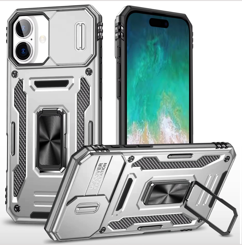 Utter Tough Metal Ring Movable Camera Window Hybrid Case Cover - Silver