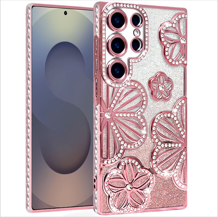 Shimmer Glitter Floral Design Thick TPU Case Cover - Rose Gold