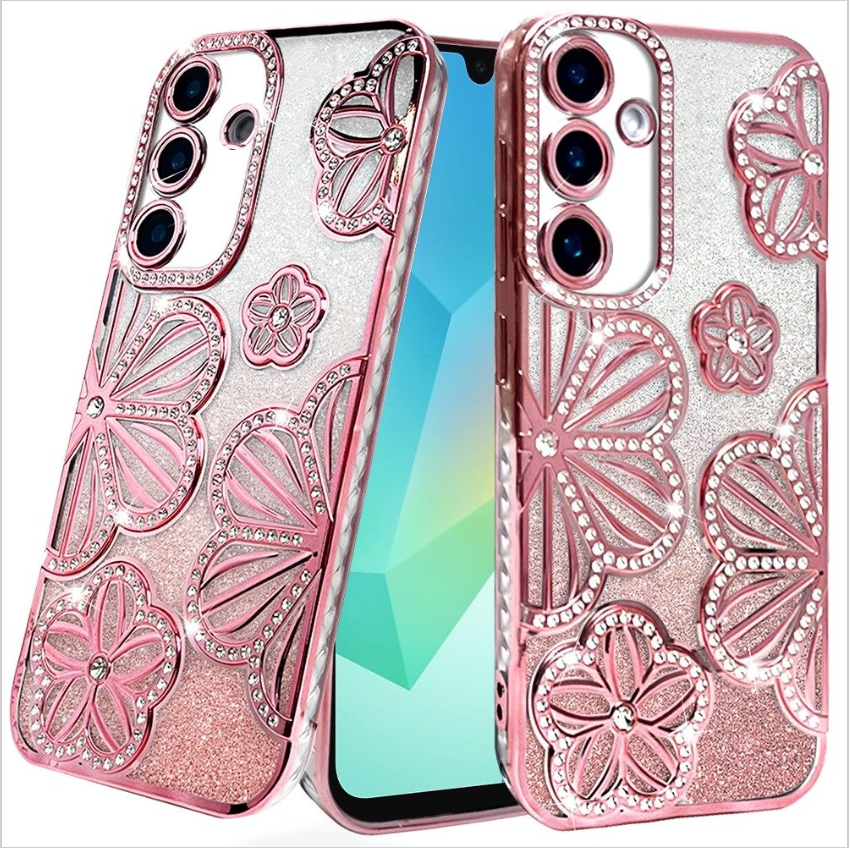 Shimmer Glitter Floral Design Thick TPU Case Cover - Rose Gold