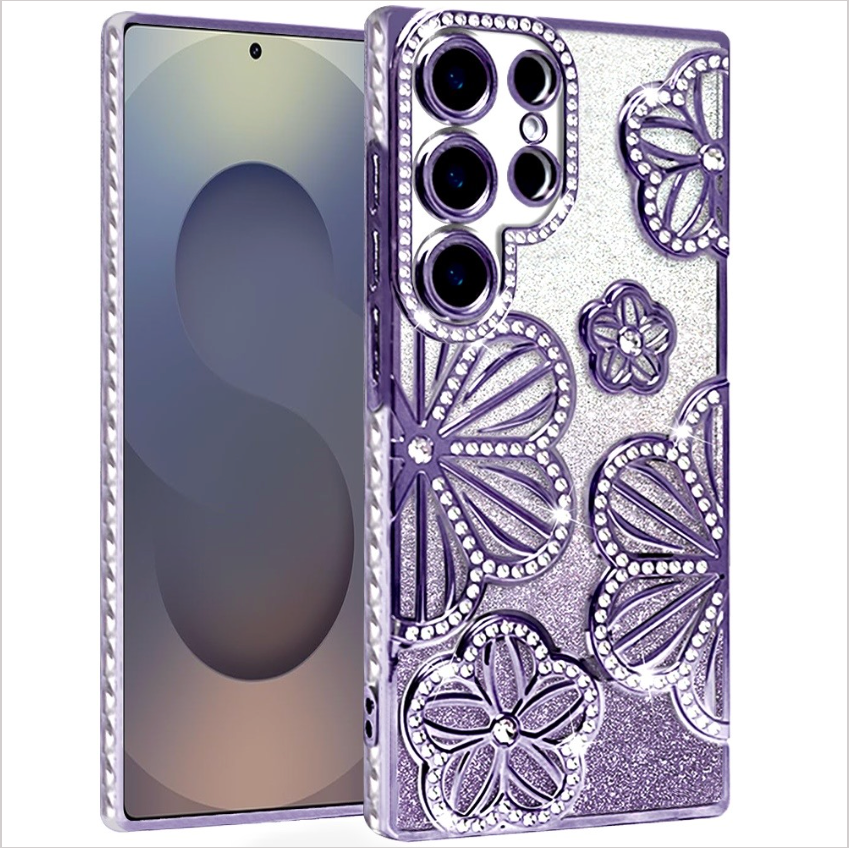 Shimmer Glitter Floral Design Thick TPU Case Cover - Purple