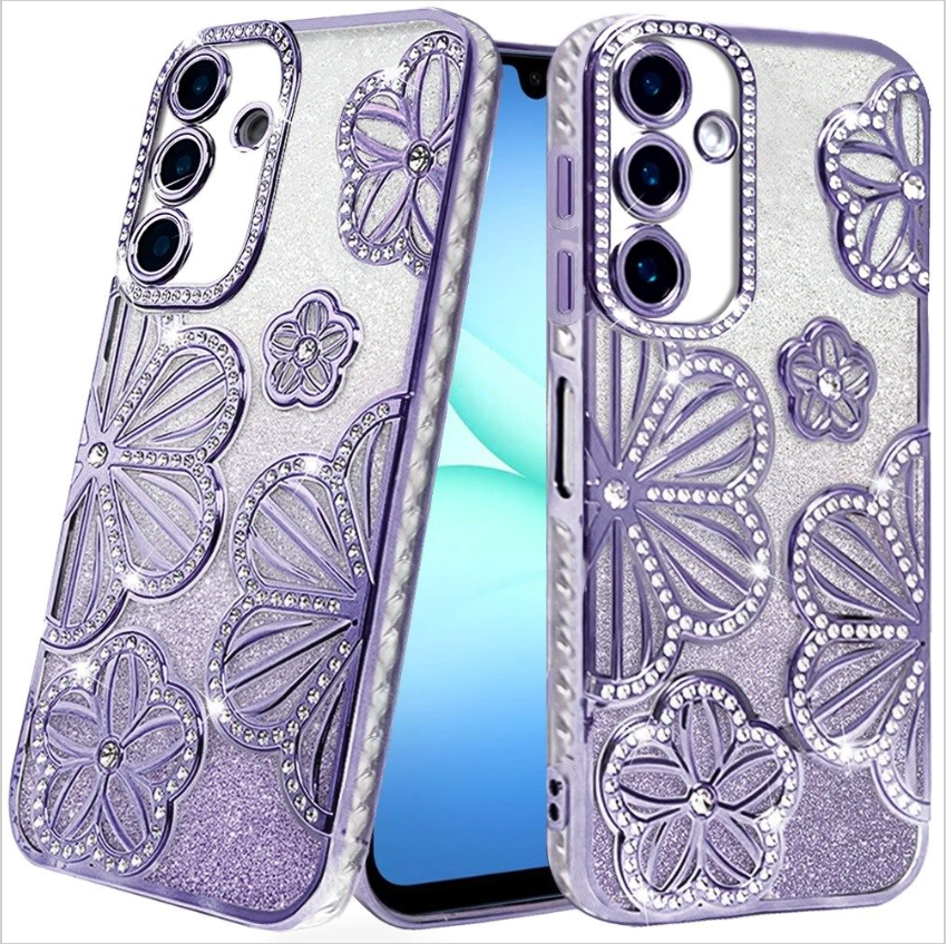 Shimmer Glitter Floral Design Thick TPU Case Cover - Purple