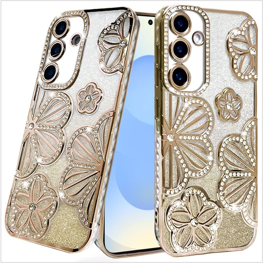Shimmer Glitter Floral Design Thick TPU Case Cover - Gold