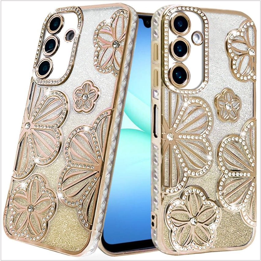 Shimmer Glitter Floral Design Thick TPU Case Cover - Gold