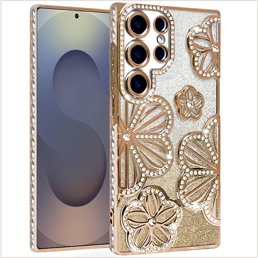 Shimmer Glitter Floral Design Thick TPU Case Cover - Gold
