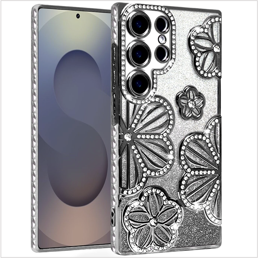 Shimmer Glitter Floral Design Thick TPU Case Cover - Black