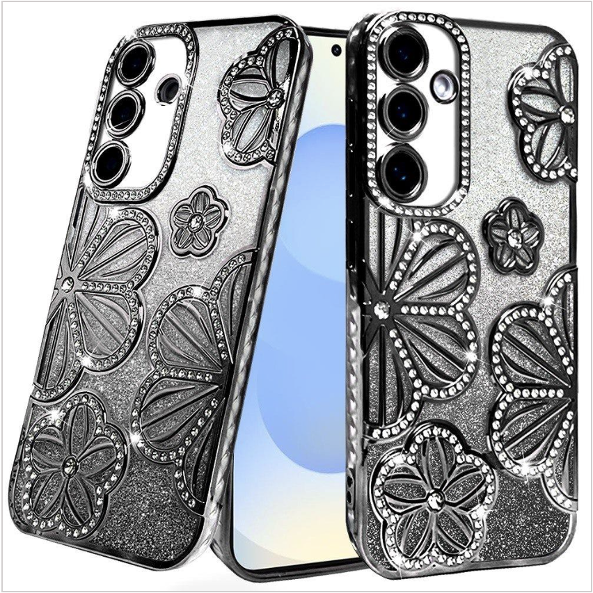 Shimmer Glitter Floral Design Thick TPU Case Cover - Black