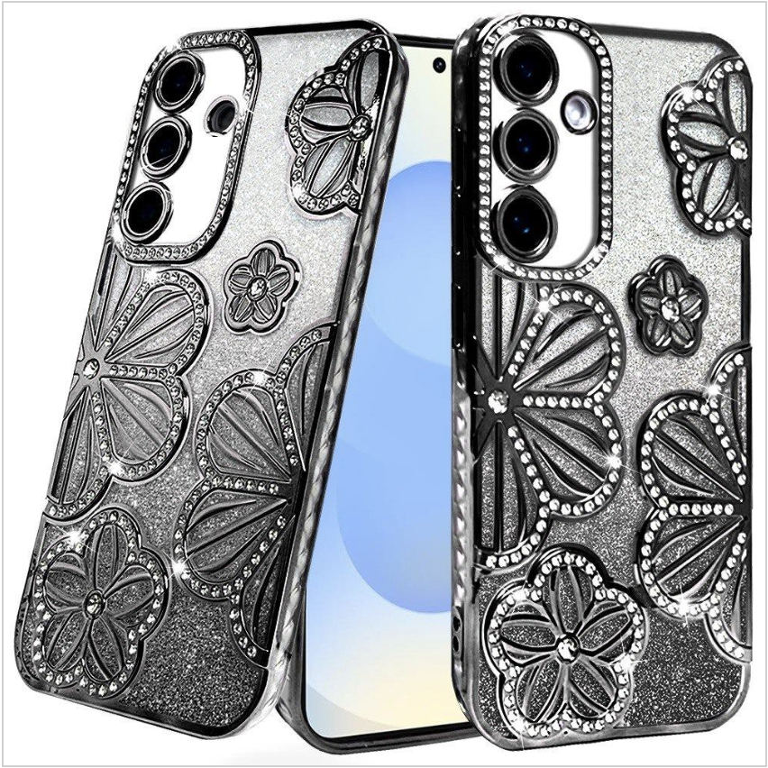 Shimmer Glitter Floral Design Thick TPU Case Cover - Black