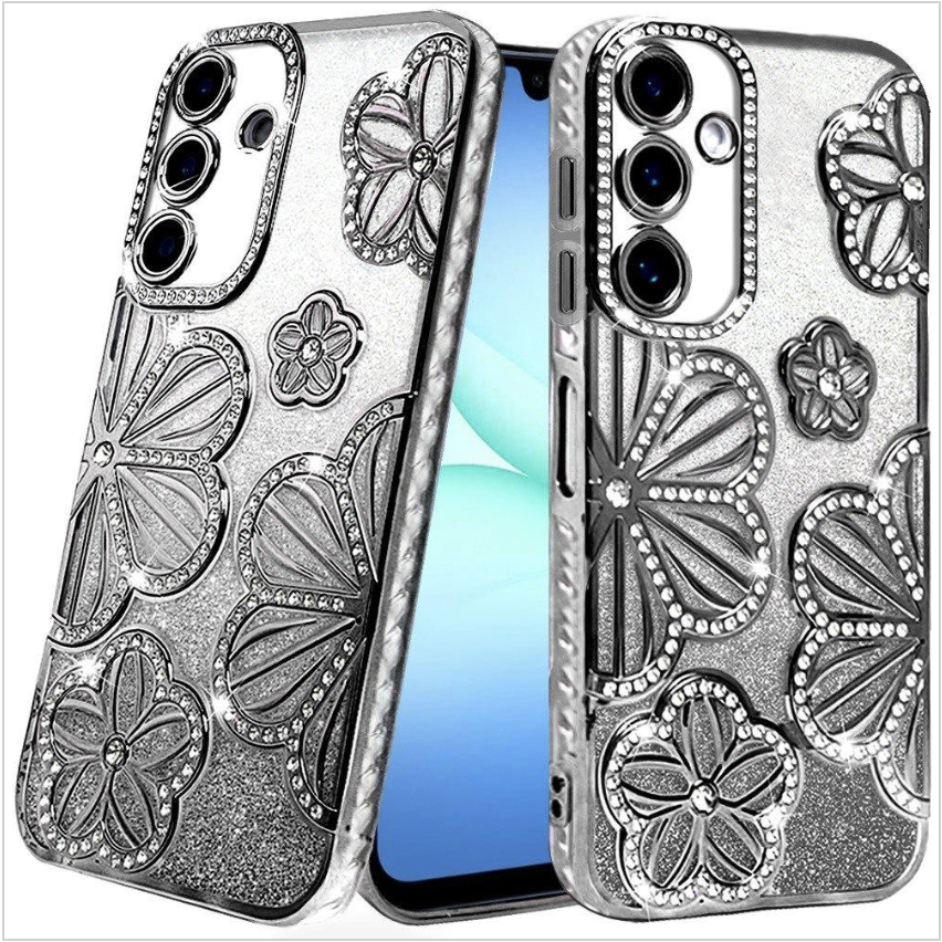 Shimmer Glitter Floral Design Thick TPU Case Cover - Black