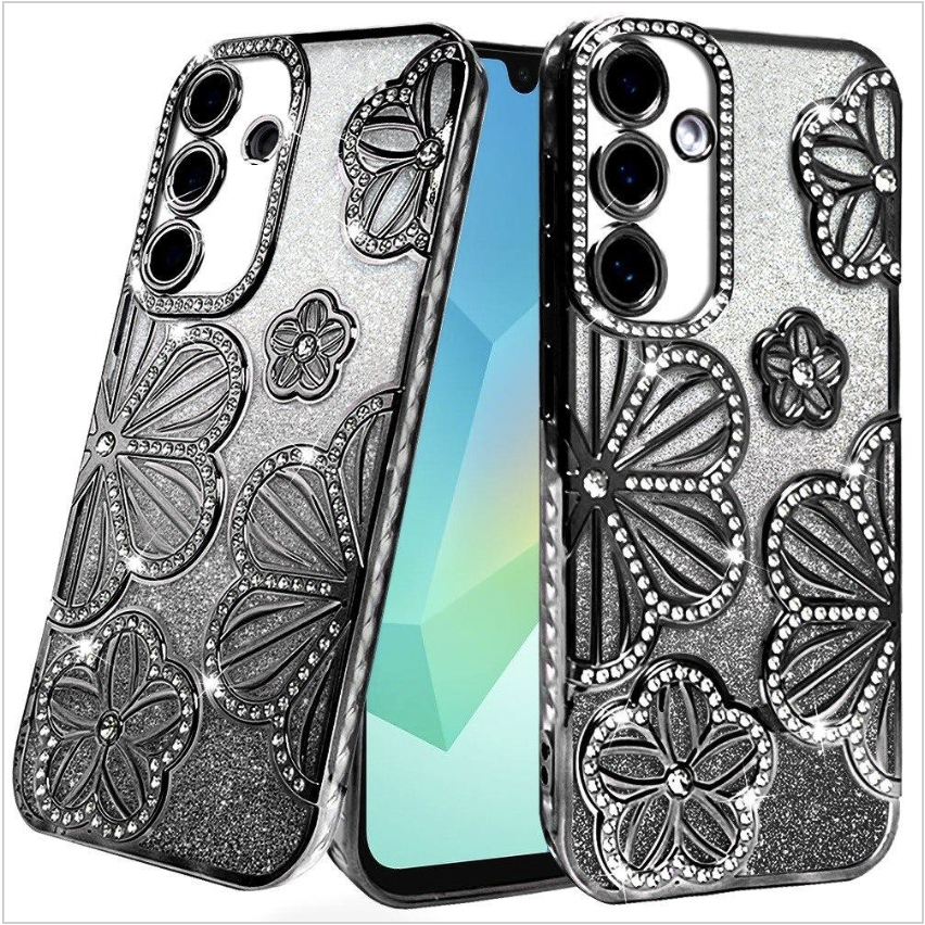 Shimmer Glitter Floral Design Thick TPU Case Cover - Black