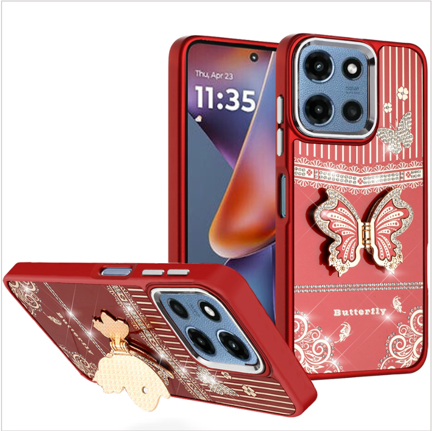 Splendid Glitter Butterfly Design Stand with Metallic Edges Hybrid Case - Red