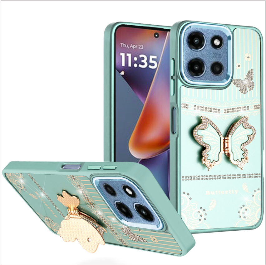 Splendid Glitter Butterfly Design Stand with Metallic Edges Hybrid Case - Teal