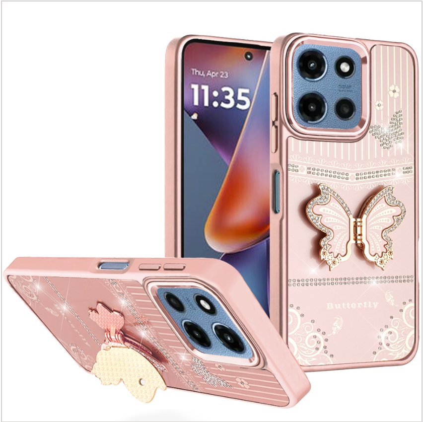 Splendid Glitter Butterfly Design Stand with Metallic Edges Hybrid Case - Rose Gold
