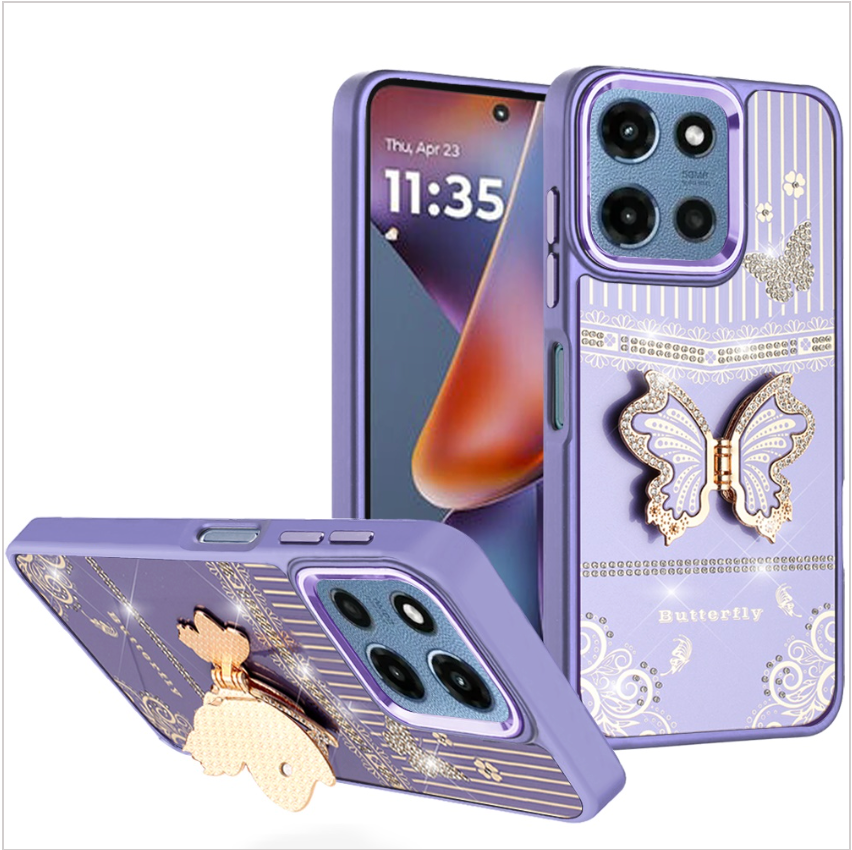 Splendid Glitter Butterfly Design Stand with Metallic Edges Hybrid Case - Dark Purple