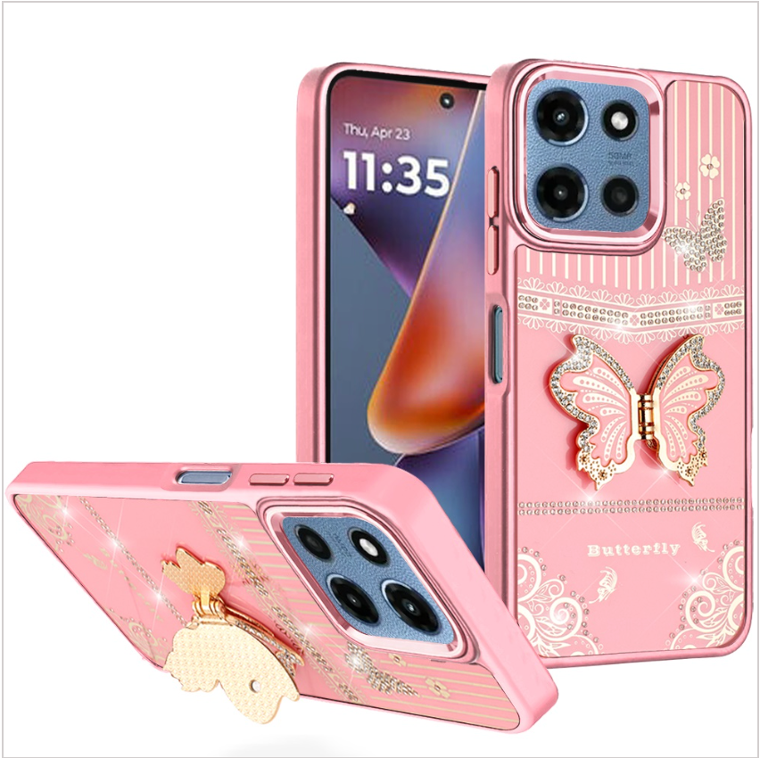 Splendid Glitter Butterfly Design Stand with Metallic Edges Hybrid Case - Light Pink