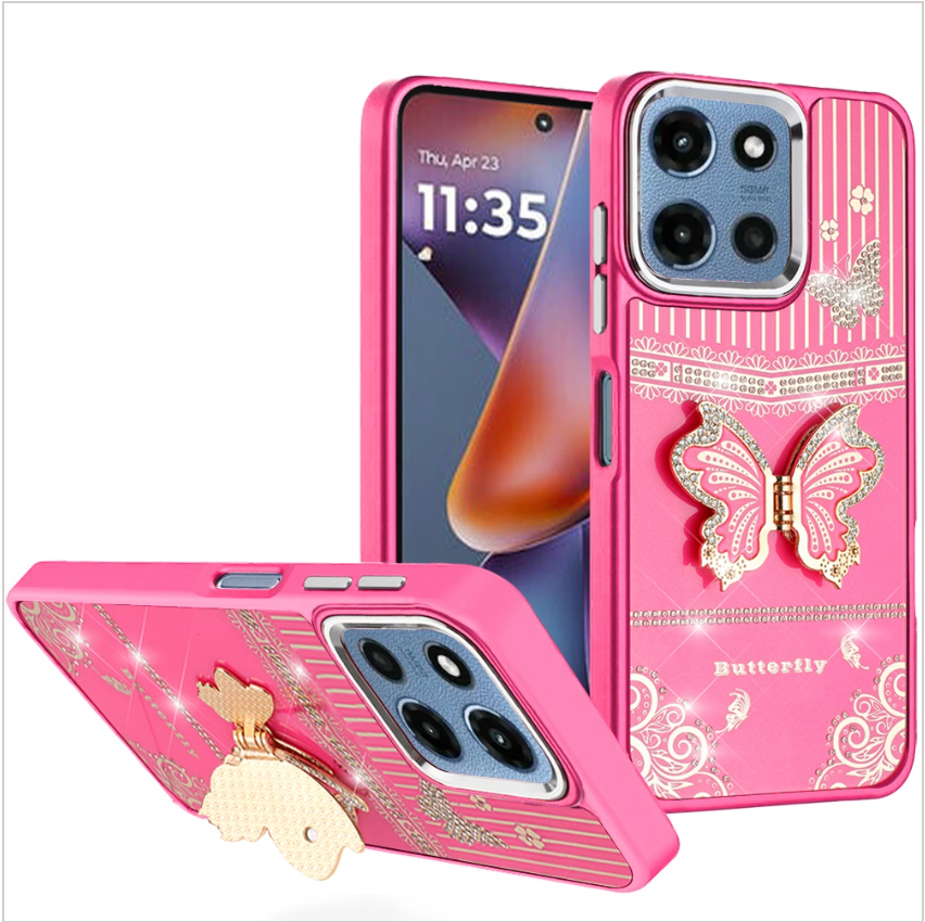 Splendid Glitter Butterfly Design Stand with Metallic Edges Hybrid Case - Hot Pink