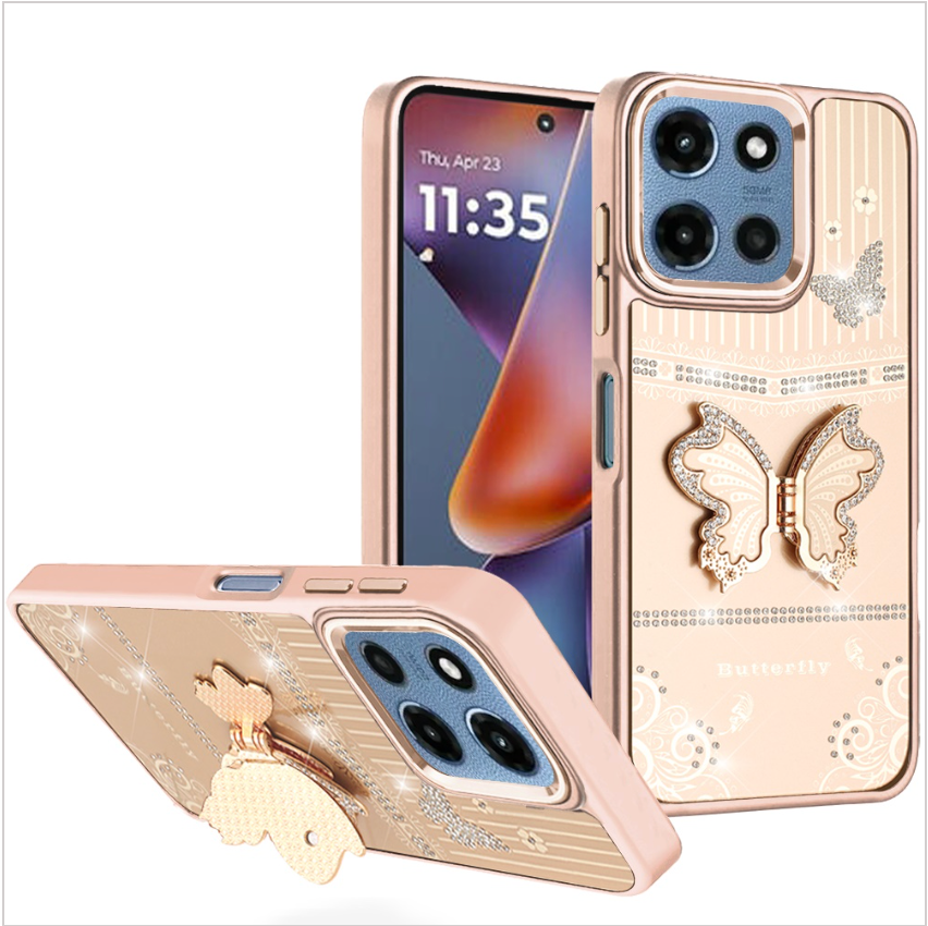 Splendid Glitter Butterfly Design Stand with Metallic Edges Hybrid Case - Gold