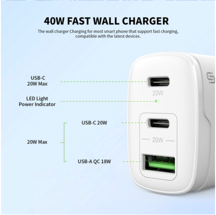 Esoulk 40W Dual PD+QC Fast Wall Charger